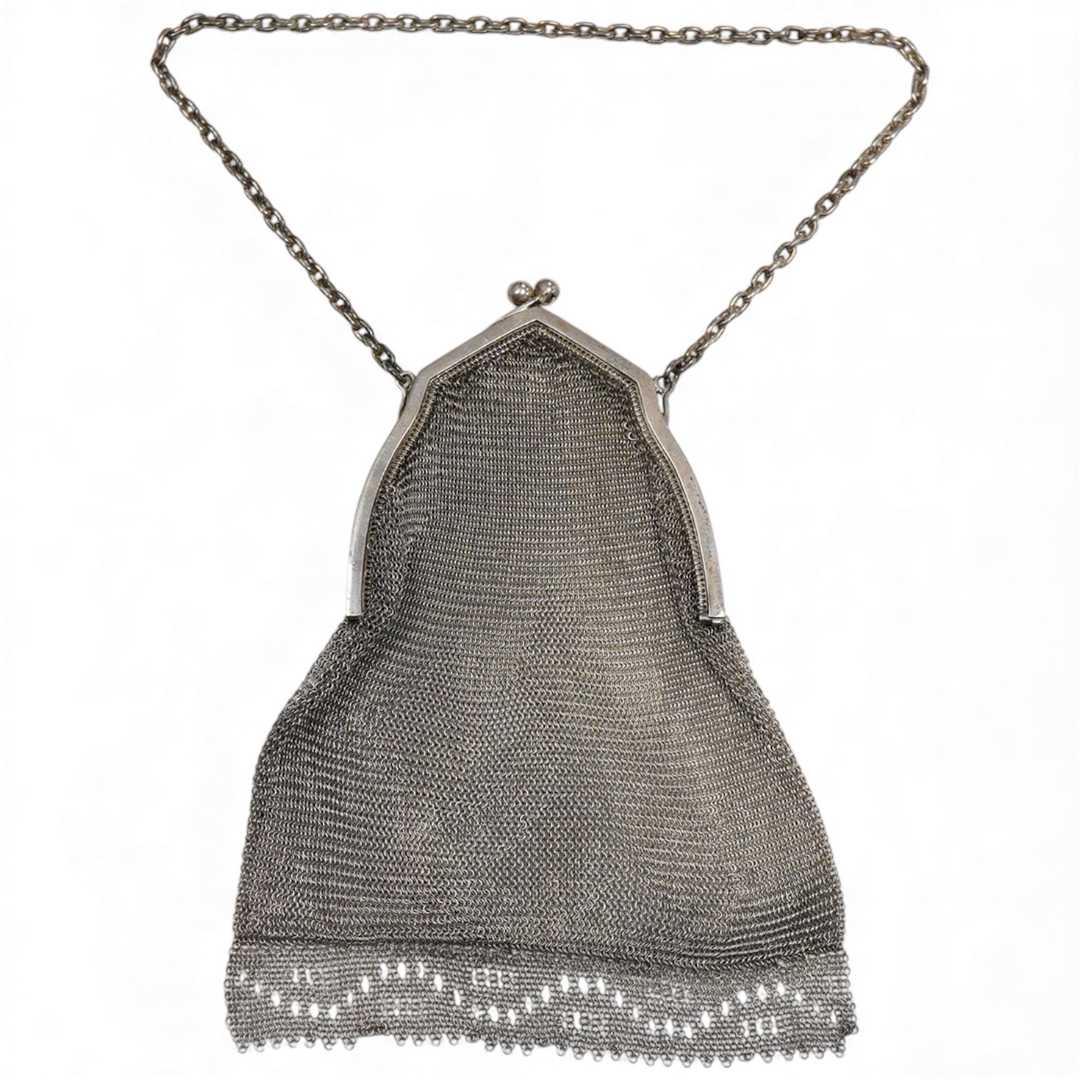 An early to mid 20th century Austrian 800 standard white metal mesh evening purse, with suspension chain, 3.9oz.